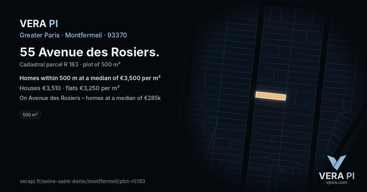 55 Avenue des Rosiers, Montfermeil at night – the plot lit, the parcels around coloured by the prices near them