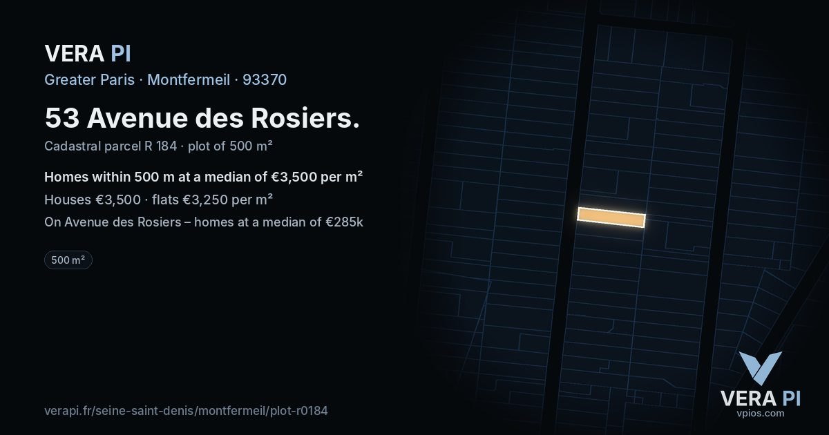 53 Avenue des Rosiers, Montfermeil at night – the plot lit, the parcels around coloured by the prices near them