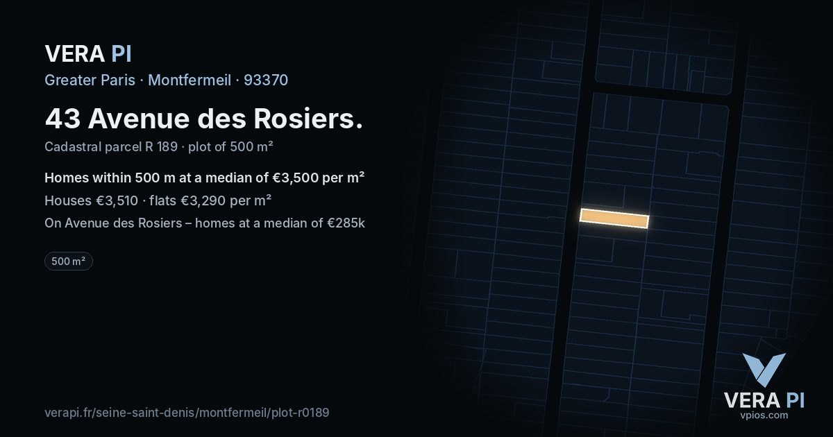 43 Avenue des Rosiers, Montfermeil at night – the plot lit, the parcels around coloured by the prices near them