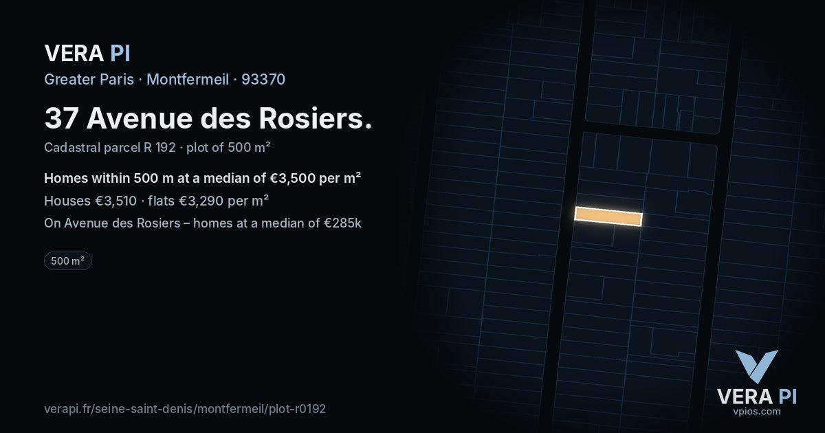 37 Avenue des Rosiers, Montfermeil at night – the plot lit, the parcels around coloured by the prices near them