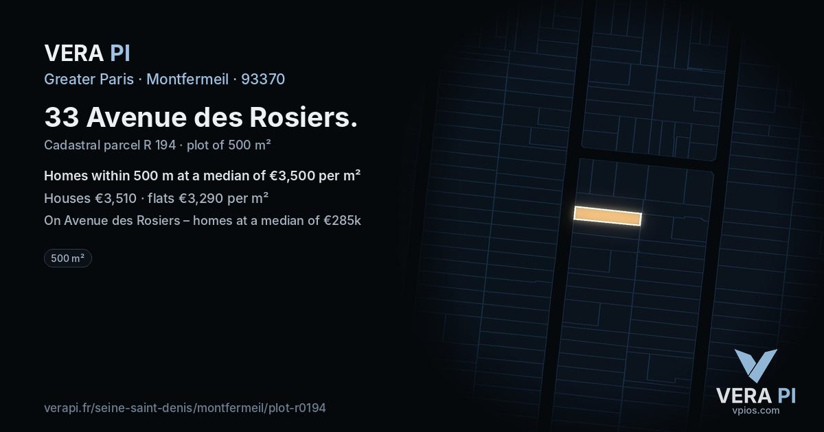 33 Avenue des Rosiers, Montfermeil at night – the plot lit, the parcels around coloured by the prices near them