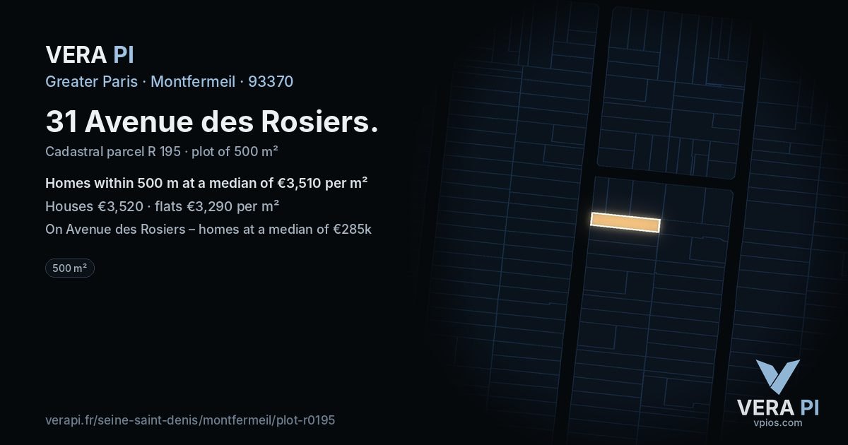 31 Avenue des Rosiers, Montfermeil at night – the plot lit, the parcels around coloured by the prices near them