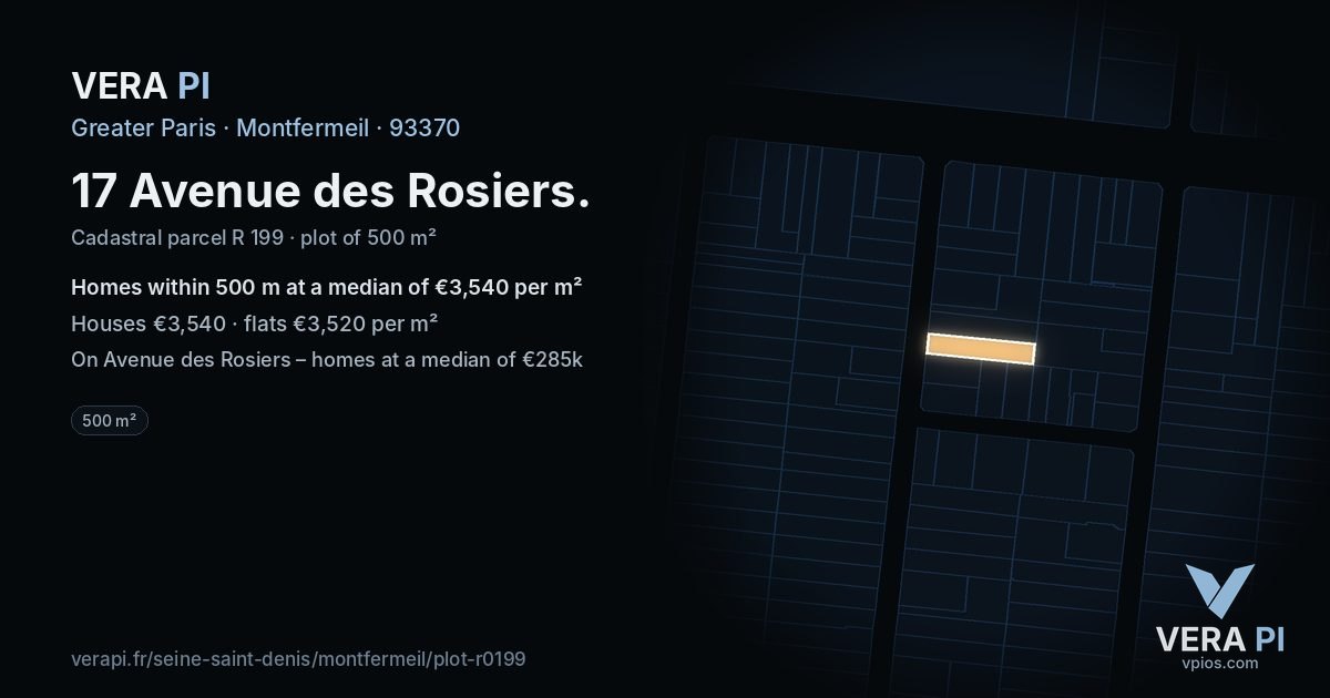 17 Avenue des Rosiers, Montfermeil at night – the plot lit, the parcels around coloured by the prices near them