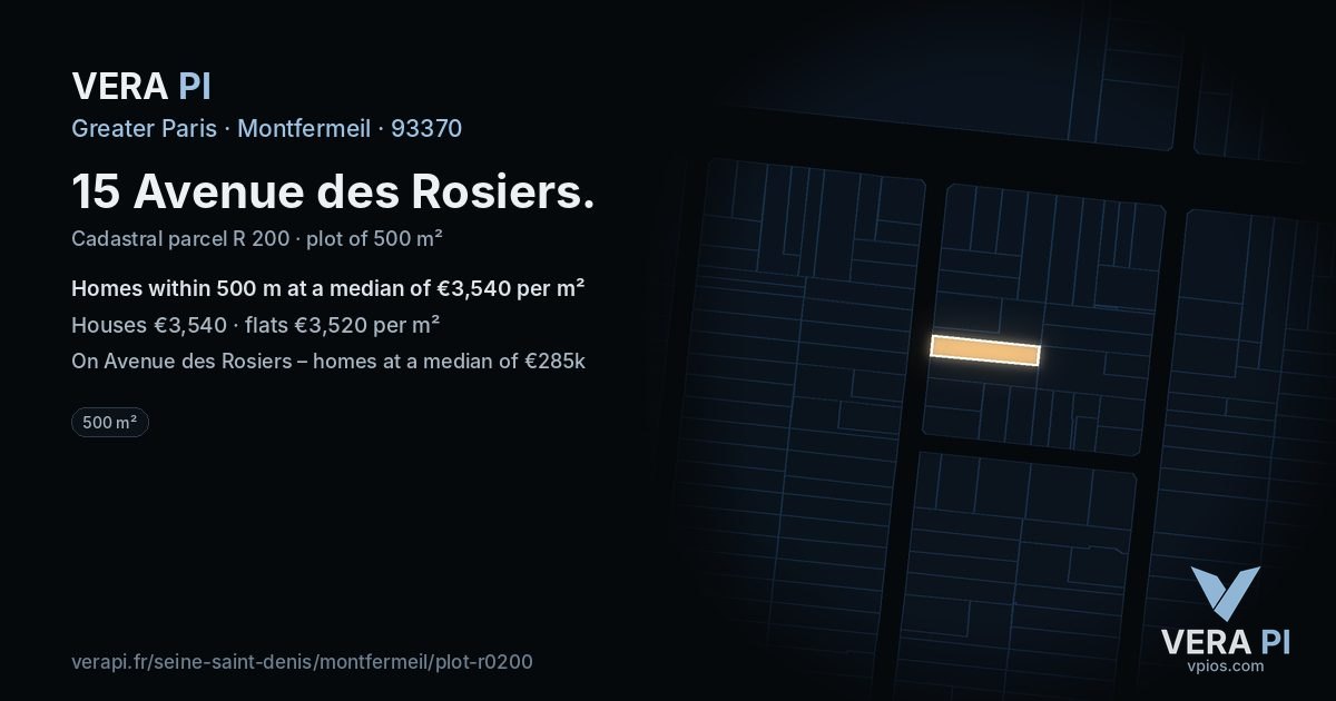 15 Avenue des Rosiers, Montfermeil at night – the plot lit, the parcels around coloured by the prices near them