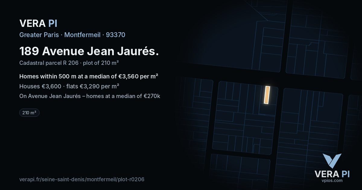 189 Avenue Jean Jaurés, Montfermeil at night – the plot lit, the parcels around coloured by the prices near them
