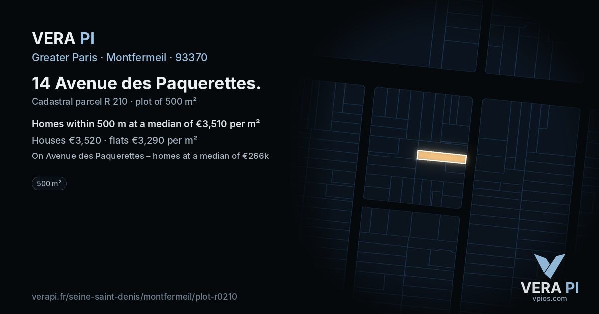 14 Avenue des Paquerettes, Montfermeil at night – the plot lit, the parcels around coloured by the prices near them