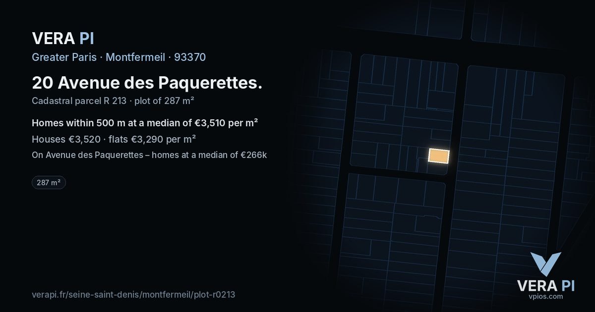 20 Avenue des Paquerettes, Montfermeil at night – the plot lit, the parcels around coloured by the prices near them