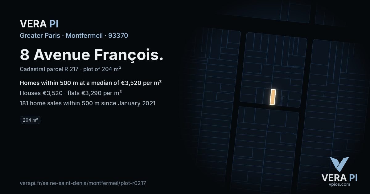 8 Avenue François, Montfermeil at night – the plot lit, the parcels around coloured by the prices near them
