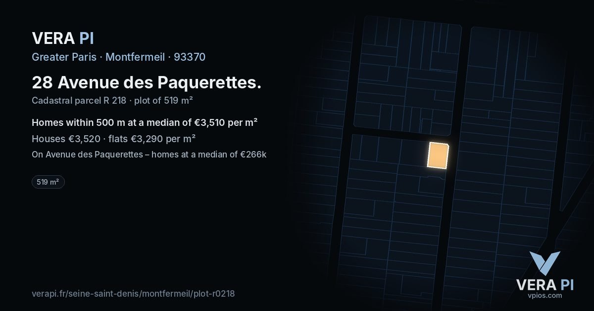 28 Avenue des Paquerettes, Montfermeil at night – the plot lit, the parcels around coloured by the prices near them