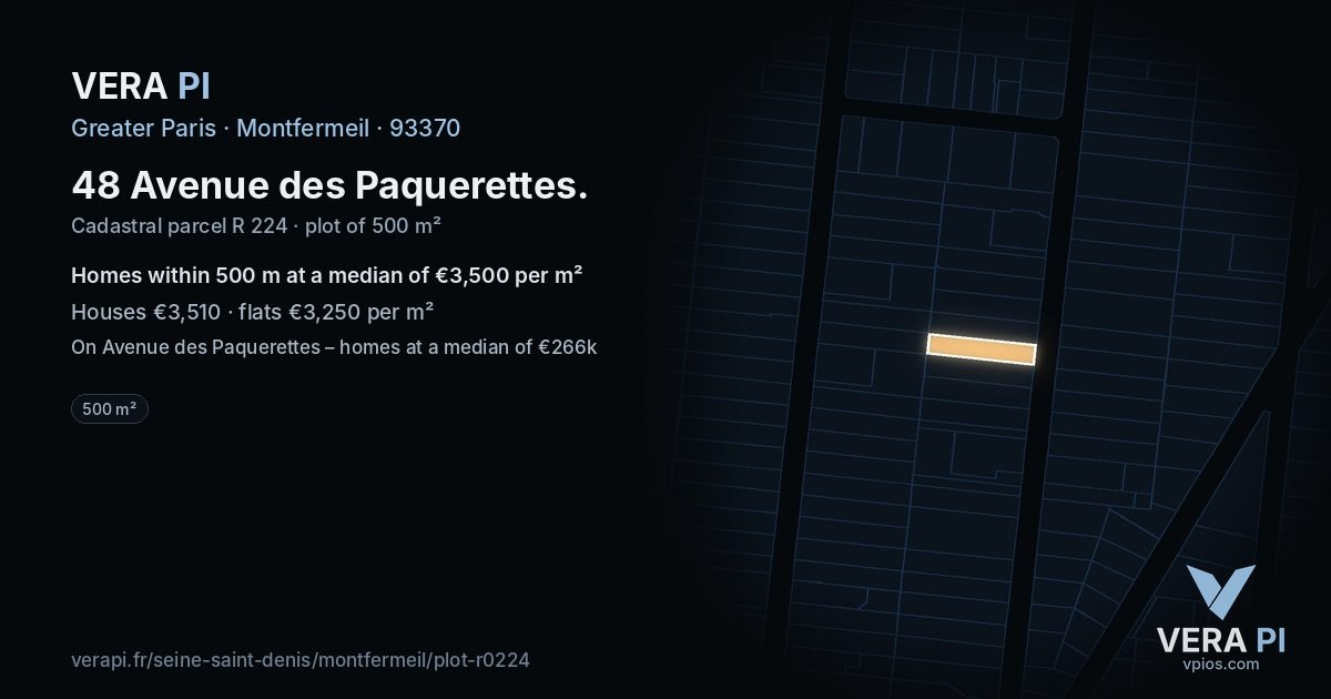 48 Avenue des Paquerettes, Montfermeil at night – the plot lit, the parcels around coloured by the prices near them