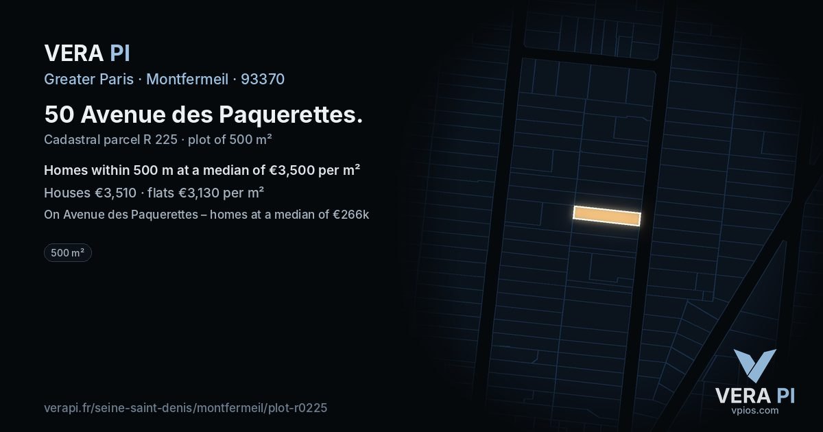 50 Avenue des Paquerettes, Montfermeil at night – the plot lit, the parcels around coloured by the prices near them