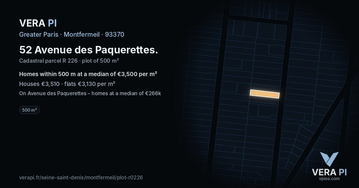 52 Avenue des Paquerettes, Montfermeil at night – the plot lit, the parcels around coloured by the prices near them