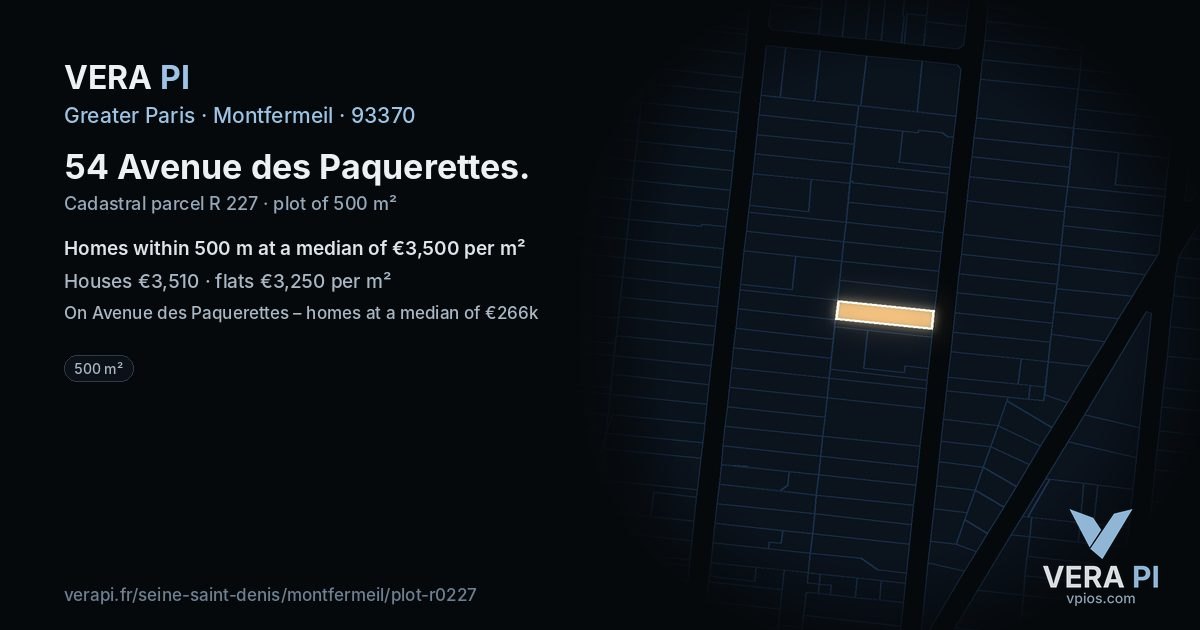 54 Avenue des Paquerettes, Montfermeil at night – the plot lit, the parcels around coloured by the prices near them