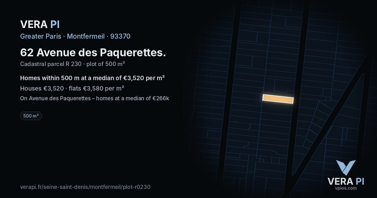 62 Avenue des Paquerettes, Montfermeil at night – the plot lit, the parcels around coloured by the prices near them