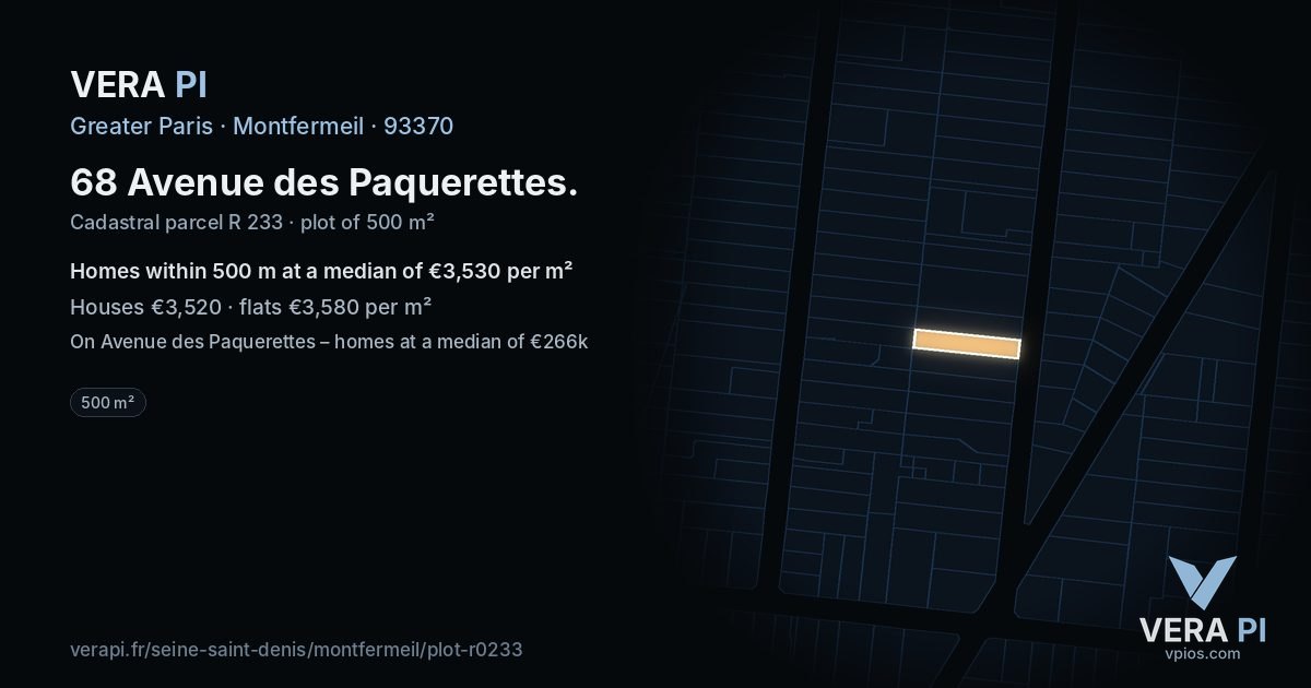 68 Avenue des Paquerettes, Montfermeil at night – the plot lit, the parcels around coloured by the prices near them