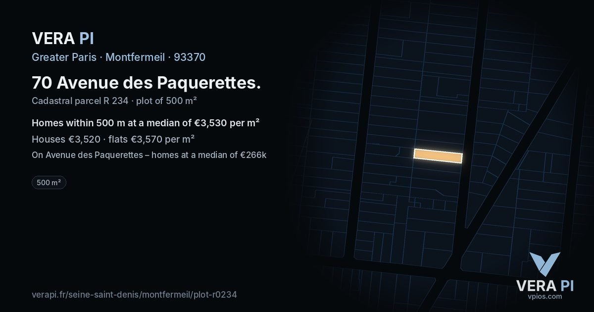 70 Avenue des Paquerettes, Montfermeil at night – the plot lit, the parcels around coloured by the prices near them