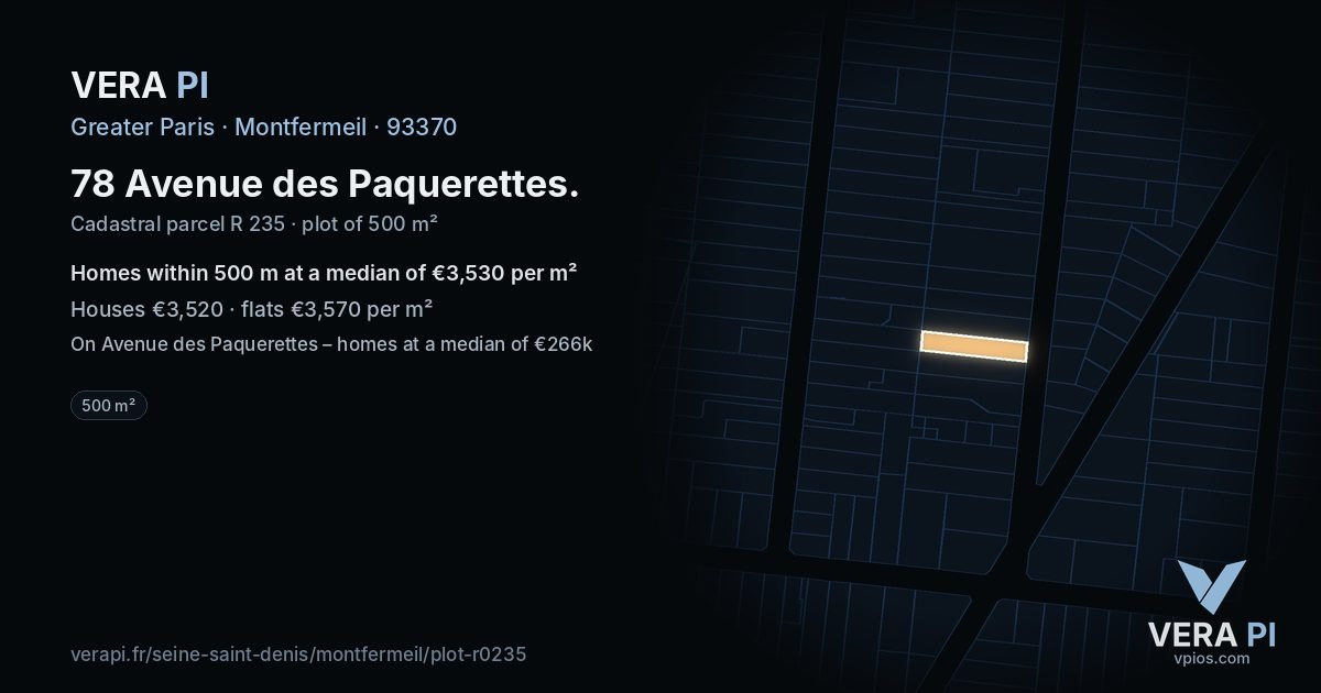 78 Avenue des Paquerettes, Montfermeil at night – the plot lit, the parcels around coloured by the prices near them