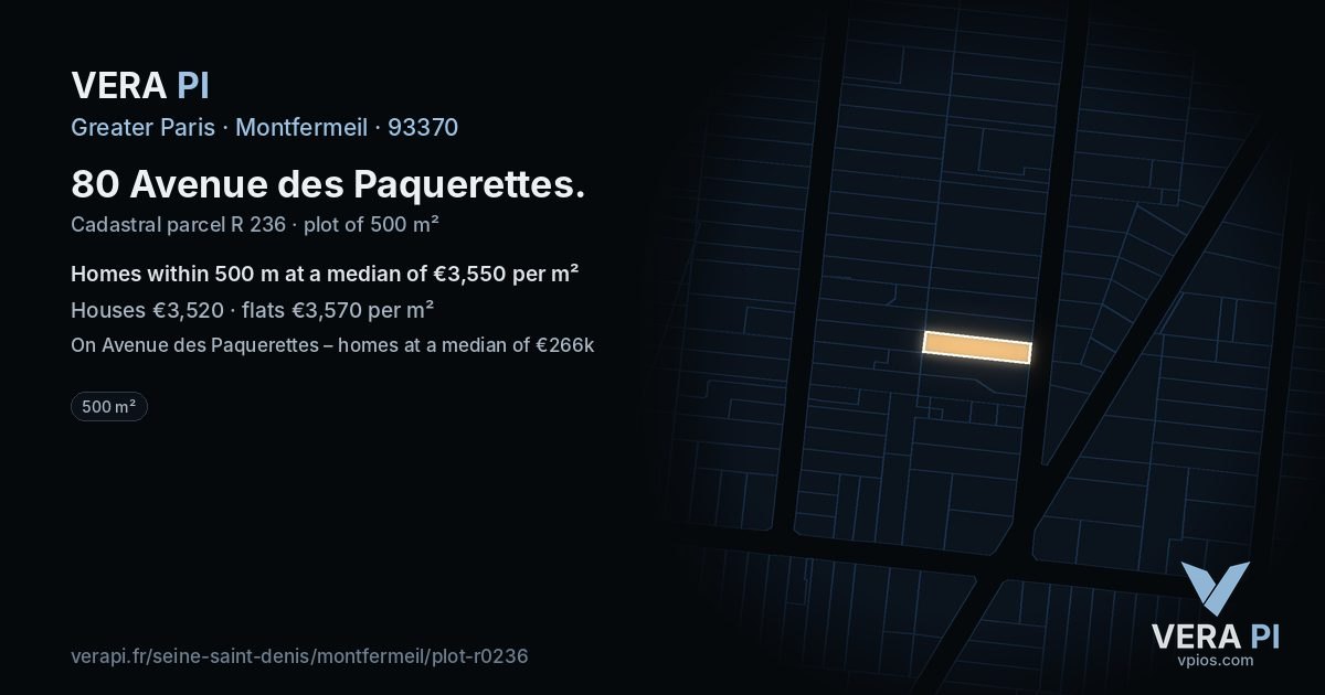 80 Avenue des Paquerettes, Montfermeil at night – the plot lit, the parcels around coloured by the prices near them