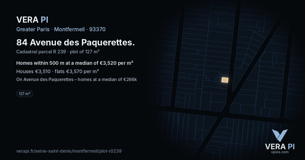 84 Avenue des Paquerettes, Montfermeil at night – the plot lit, the parcels around coloured by the prices near them