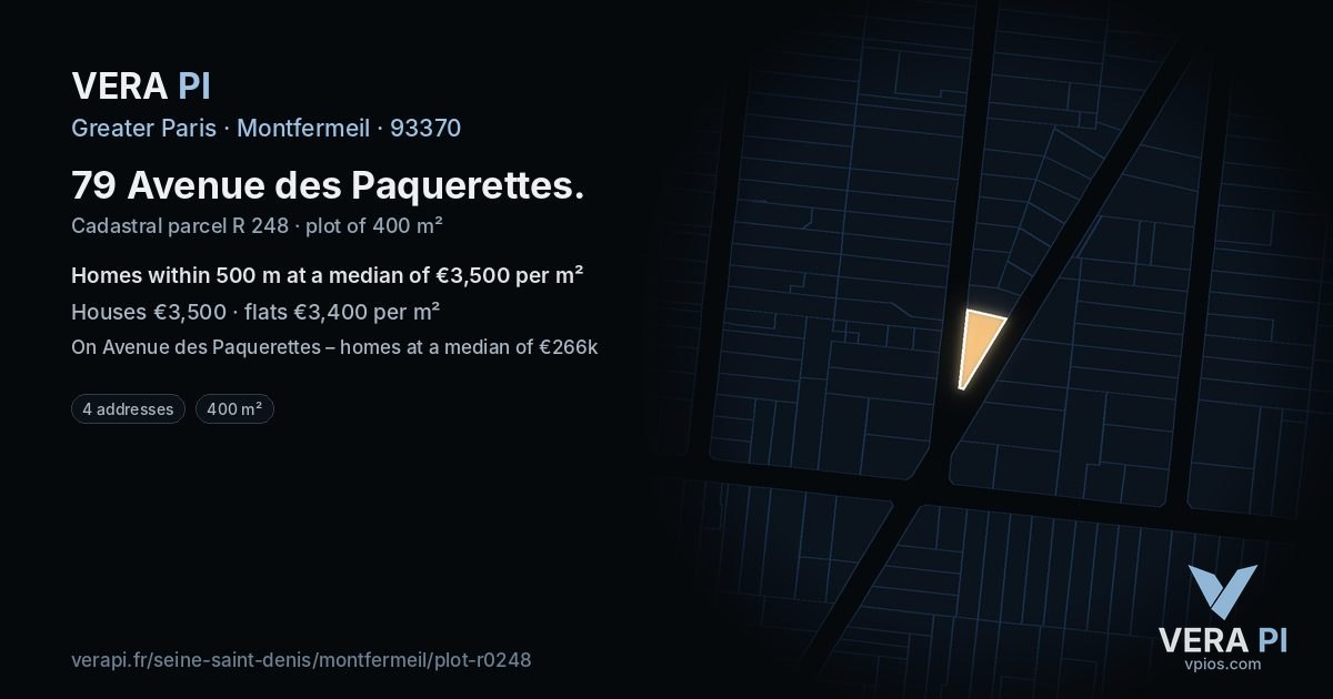 79 Avenue des Paquerettes, Montfermeil at night – the plot lit, the parcels around coloured by the prices near them