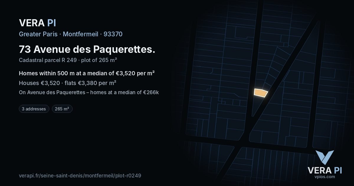 73 Avenue des Paquerettes, Montfermeil at night – the plot lit, the parcels around coloured by the prices near them