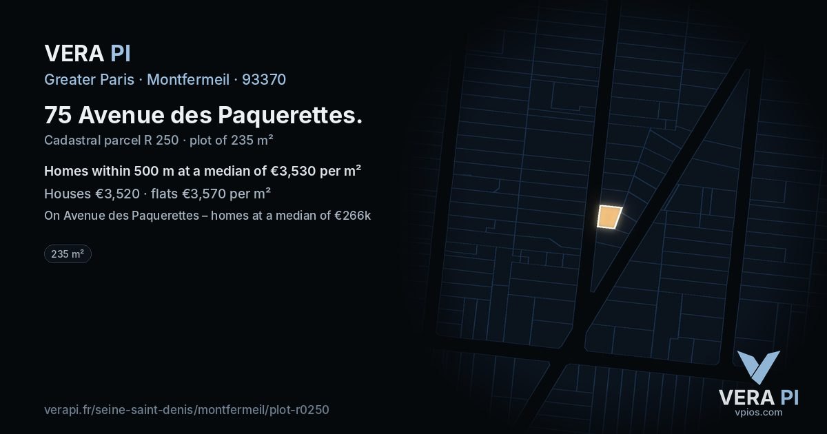 75 Avenue des Paquerettes, Montfermeil at night – the plot lit, the parcels around coloured by the prices near them