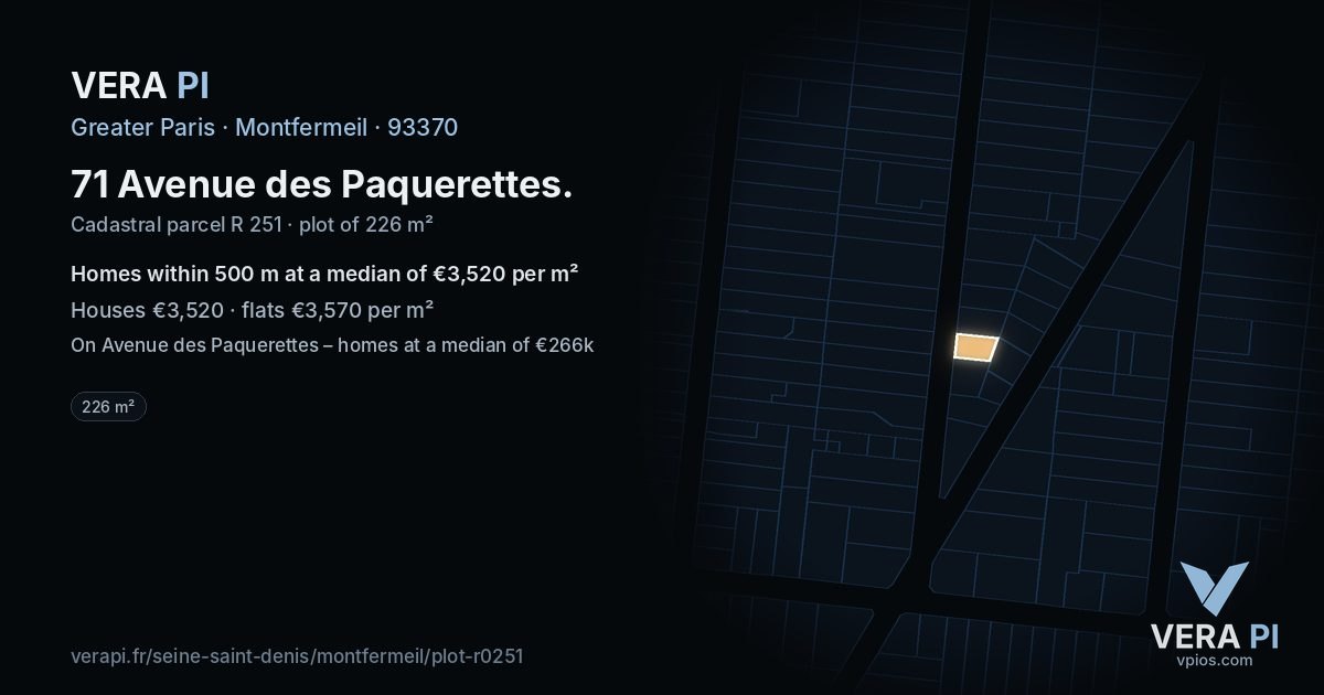 71 Avenue des Paquerettes, Montfermeil at night – the plot lit, the parcels around coloured by the prices near them