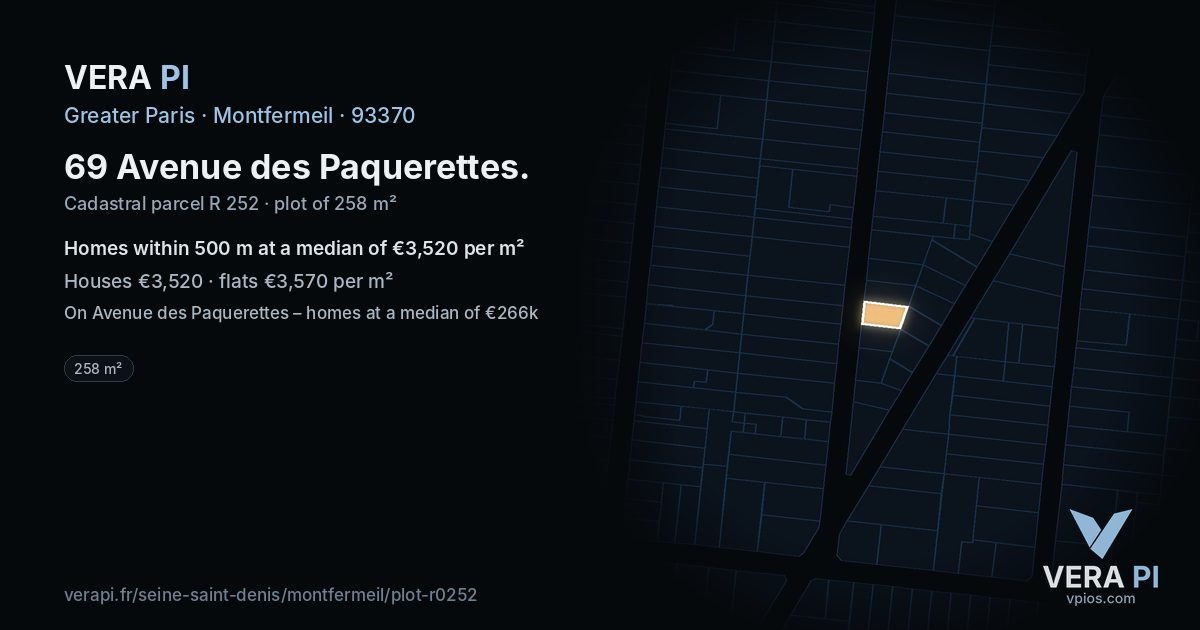 69 Avenue des Paquerettes, Montfermeil at night – the plot lit, the parcels around coloured by the prices near them