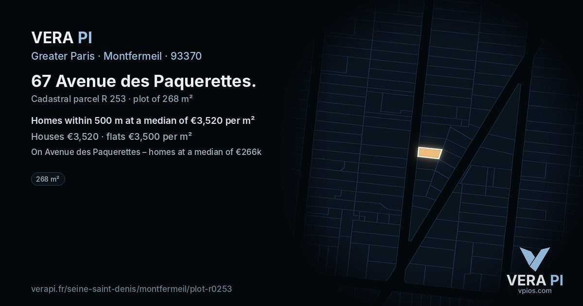 67 Avenue des Paquerettes, Montfermeil at night – the plot lit, the parcels around coloured by the prices near them