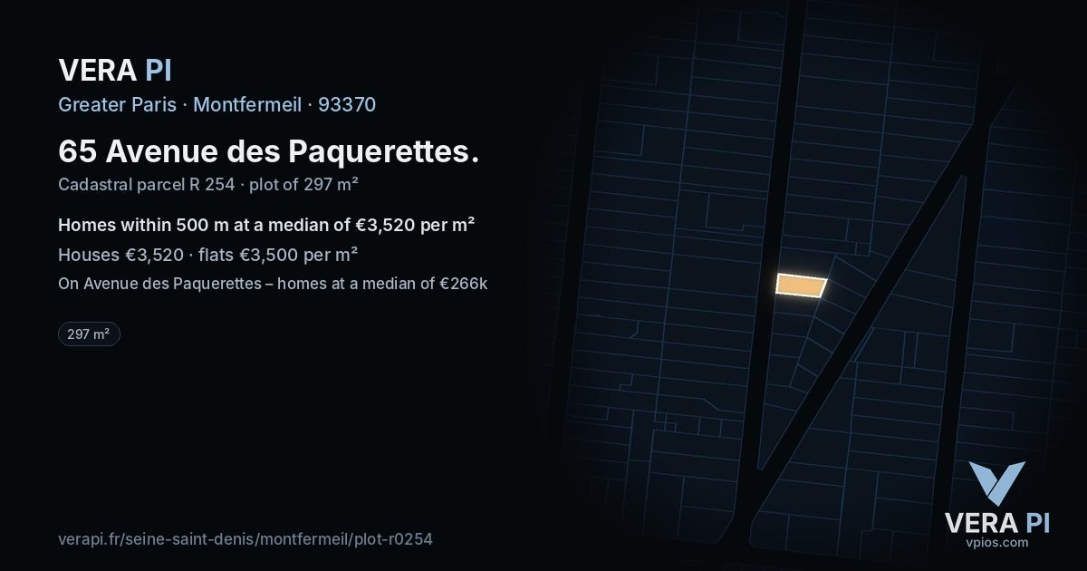 65 Avenue des Paquerettes, Montfermeil at night – the plot lit, the parcels around coloured by the prices near them