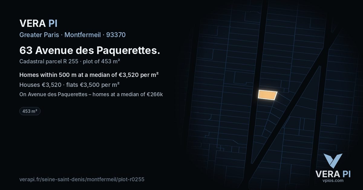 63 Avenue des Paquerettes, Montfermeil at night – the plot lit, the parcels around coloured by the prices near them