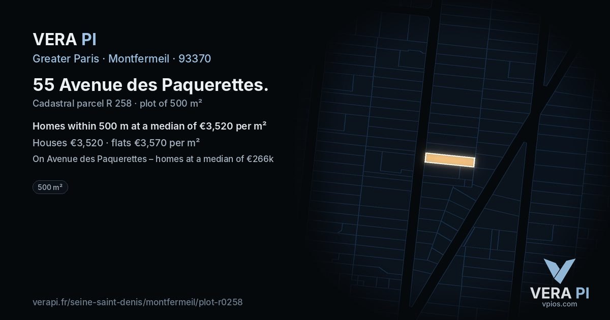 55 Avenue des Paquerettes, Montfermeil at night – the plot lit, the parcels around coloured by the prices near them