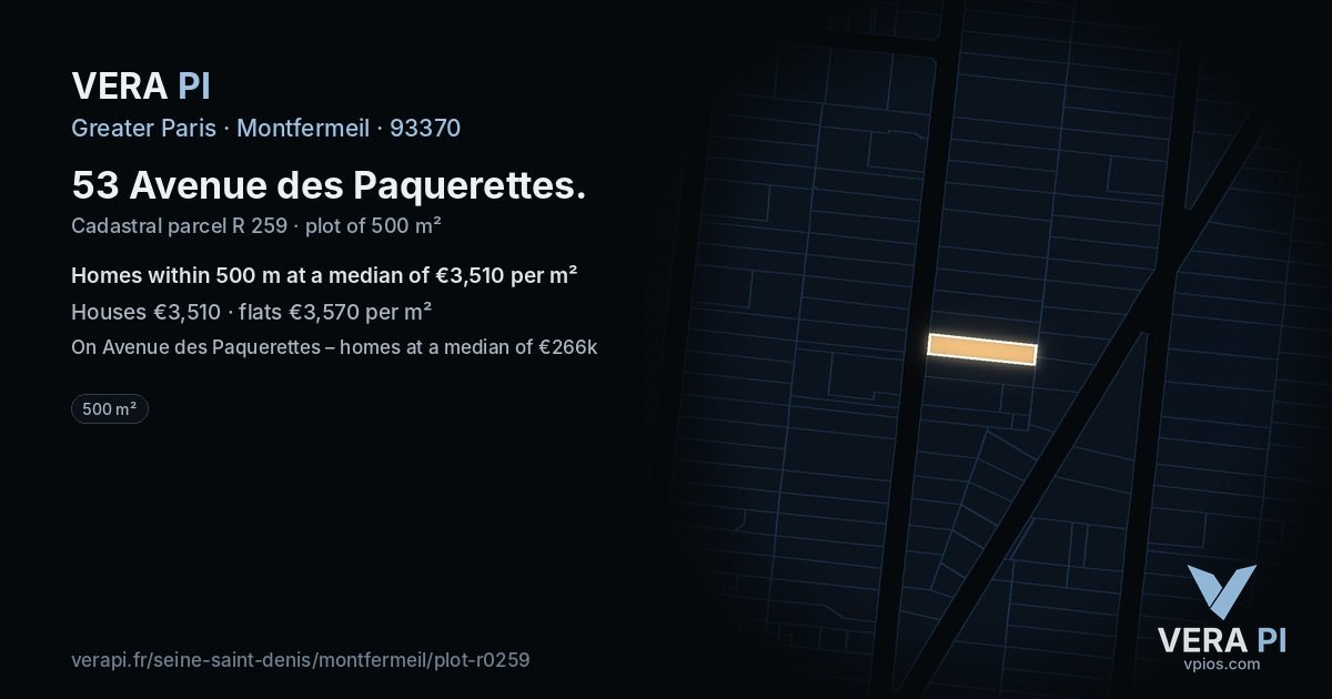 53 Avenue des Paquerettes, Montfermeil at night – the plot lit, the parcels around coloured by the prices near them