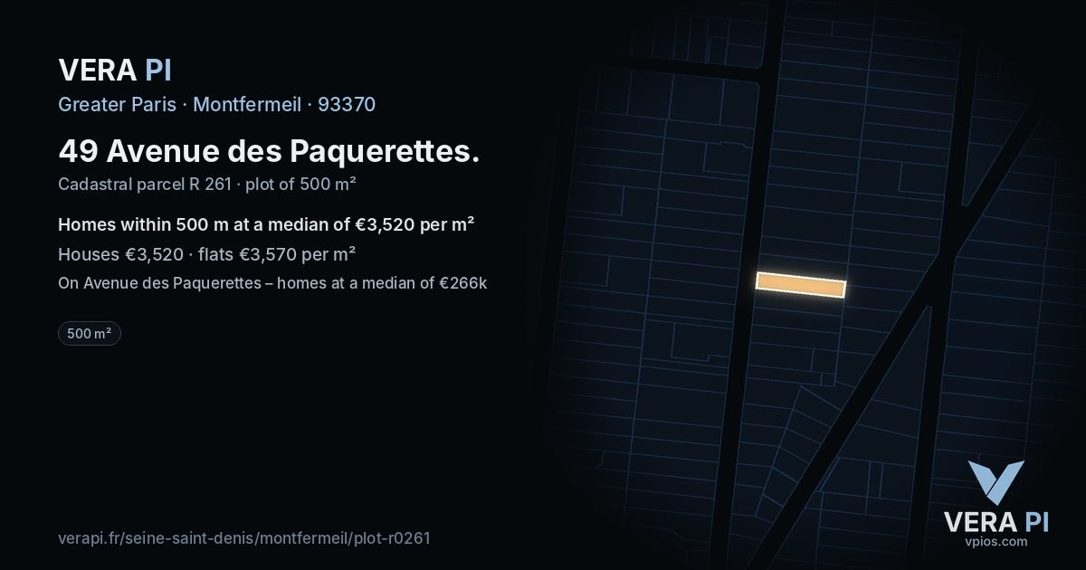 49 Avenue des Paquerettes, Montfermeil at night – the plot lit, the parcels around coloured by the prices near them