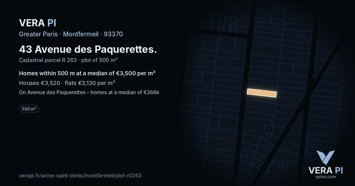 43 Avenue des Paquerettes, Montfermeil at night – the plot lit, the parcels around coloured by the prices near them