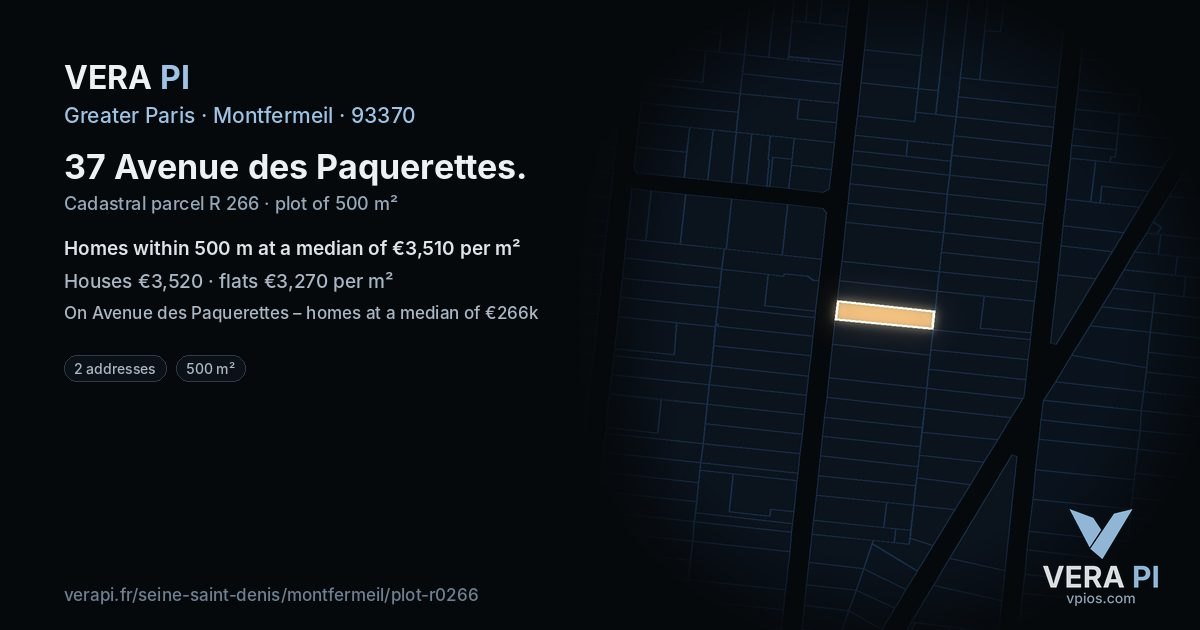37 Avenue des Paquerettes, Montfermeil at night – the plot lit, the parcels around coloured by the prices near them