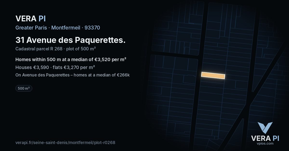 31 Avenue des Paquerettes, Montfermeil at night – the plot lit, the parcels around coloured by the prices near them