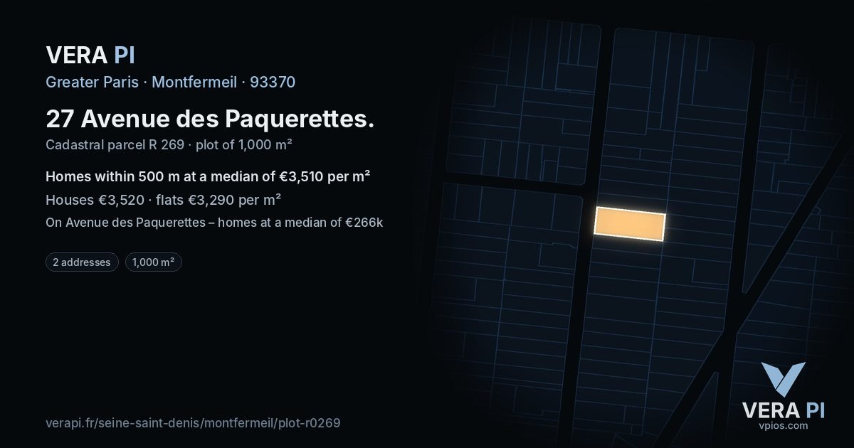 27 Avenue des Paquerettes, Montfermeil at night – the plot lit, the parcels around coloured by the prices near them