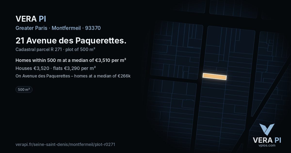 21 Avenue des Paquerettes, Montfermeil at night – the plot lit, the parcels around coloured by the prices near them