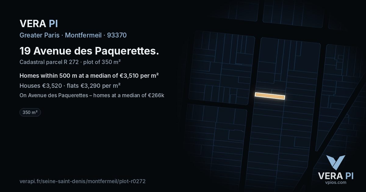 19 Avenue des Paquerettes, Montfermeil at night – the plot lit, the parcels around coloured by the prices near them
