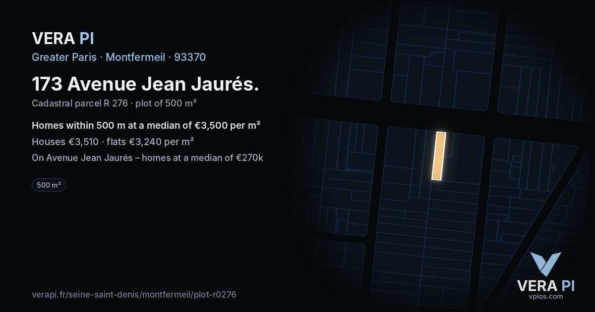 173 Avenue Jean Jaurés, Montfermeil at night – the plot lit, the parcels around coloured by the prices near them