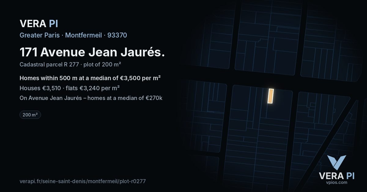 171 Avenue Jean Jaurés, Montfermeil at night – the plot lit, the parcels around coloured by the prices near them