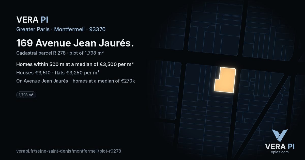 169 Avenue Jean Jaurés, Montfermeil at night – the plot lit, the parcels around coloured by the prices near them