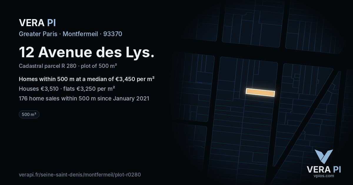 12 Avenue des Lys, Montfermeil at night – the plot lit, the parcels around coloured by the prices near them