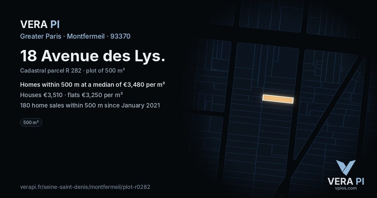 18 Avenue des Lys, Montfermeil at night – the plot lit, the parcels around coloured by the prices near them