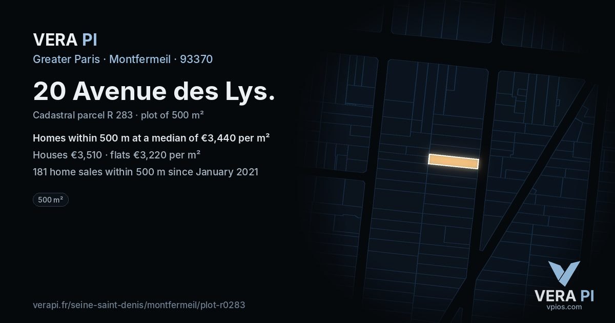 20 Avenue des Lys, Montfermeil at night – the plot lit, the parcels around coloured by the prices near them