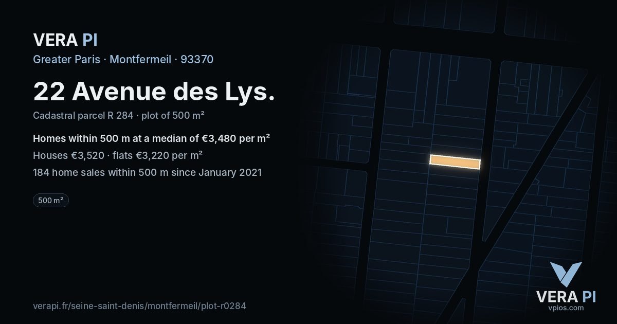 22 Avenue des Lys, Montfermeil at night – the plot lit, the parcels around coloured by the prices near them