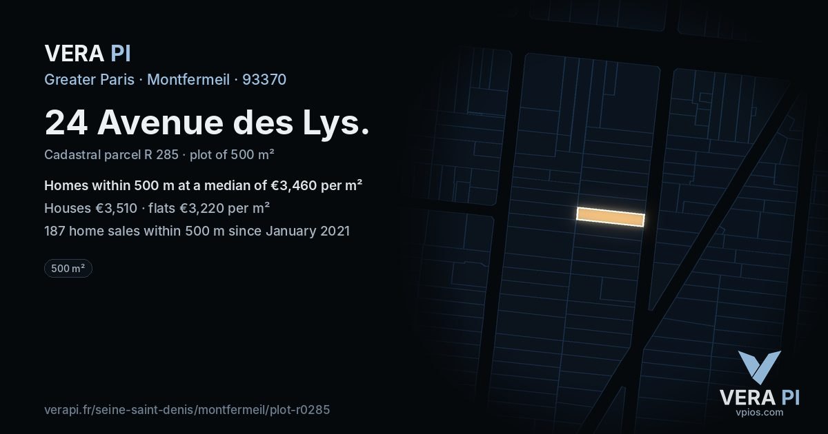 24 Avenue des Lys, Montfermeil at night – the plot lit, the parcels around coloured by the prices near them