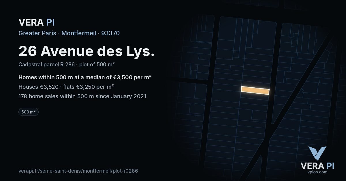26 Avenue des Lys, Montfermeil at night – the plot lit, the parcels around coloured by the prices near them