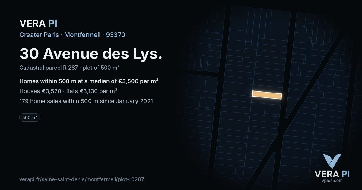 30 Avenue des Lys, Montfermeil at night – the plot lit, the parcels around coloured by the prices near them